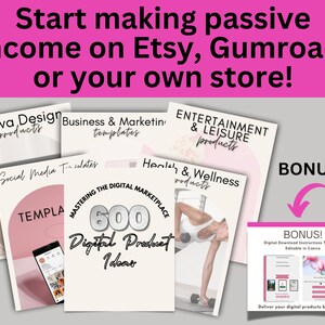 May include: A collage of digital product ideas for Etsy, Gumroad, or your own store. The ideas are categorized by type, including Canva Design Products, Business & Marketing Templates, Social Media Templates, Entertainment & Leisure Products, Health & Wellness Products, and a bonus digital download instructions template. The collage features a variety of images, including a woman exercising with dumbbells, a phone with a social media post, and a template for a digital product.