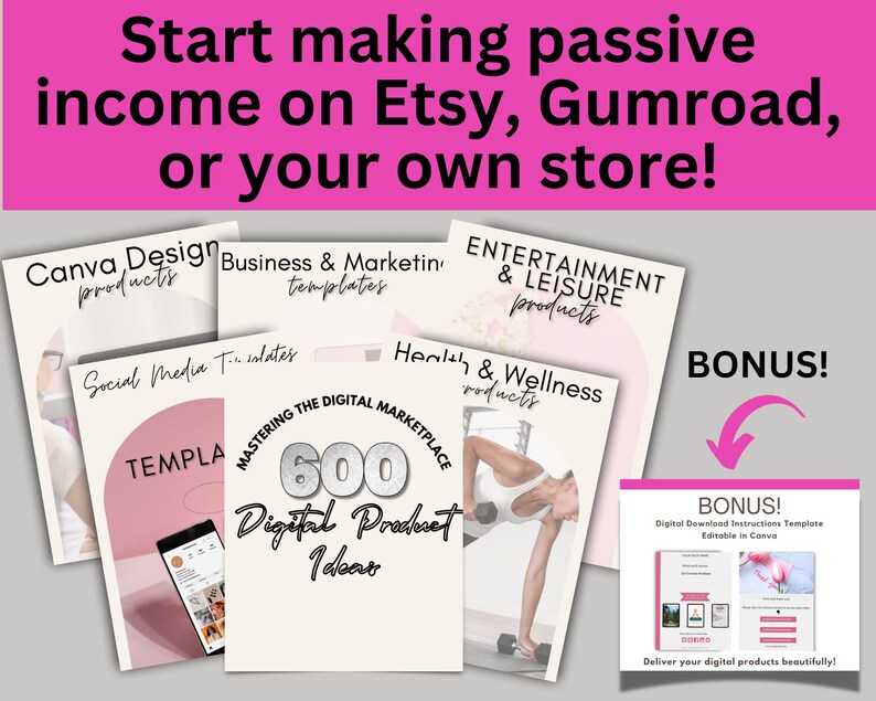May include: A collage of digital product ideas for Etsy, Gumroad, or your own store. The ideas are categorized by type, including Canva Design Products, Business & Marketing Templates, Social Media Templates, Entertainment & Leisure Products, Health & Wellness Products, and a bonus digital download instructions template. The collage features a variety of images, including a woman exercising with dumbbells, a phone with a social media post, and a template for a digital product.