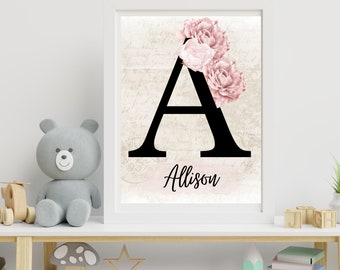 Boho Nursery Wall Art, Wildflower Nursery Decor, Botanical Print, Floral Nursery Art, Girl Nursery Decor, Baby Shower Gift, Monogram Art