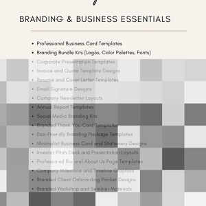 May include: A list of branding and business essentials offered by Canva Design Products. The list includes professional business card templates, branding bundle kits, corporate presentation templates, invoice and quote template designs, resume and cover letter templates, email signature designs, company newsletter layouts, annual report templates, social media branding kits, branded thank you card templates, eco-friendly branding package templates, minimalist business card and stationery designs, investor pitch deck and presentation layouts, professional bio and about us page templates, company milestone and timeline graphics, branded client onboarding packet designs, and branded workshop and seminar materials.