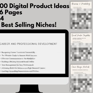 May include: A computer screen displaying a list of digital product ideas for career and professional development. The list includes topics such as navigating career transitions, effective communication, building a personal brand online, time management, and work-life balance. The screen is surrounded by three images of digital products, each with a different theme: business and marketing, social media templates, and Canva design products.
