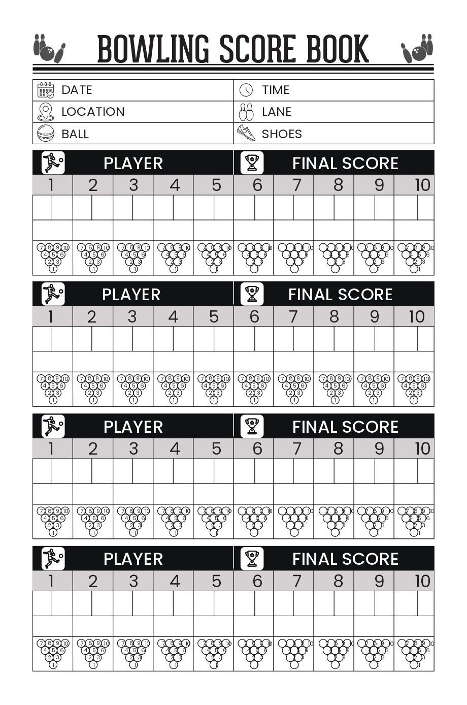 Bowling Score Sheet Bowling Log Game Tracker Bowling Score Printable