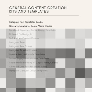 May include: A list of social media templates for creating content. The list includes Instagram post templates, Canva templates for social media stories, Facebook cover and profile design templates, Pinterest pin design kit, TikTok video content planner, Instagram reels, Instagram reel covers, Instagram branded content, LinkedIn post and article templates, Twitter engagement booster templates, social media branding kit, animated GIFs pack for social media, and Instagram carousel design templates.