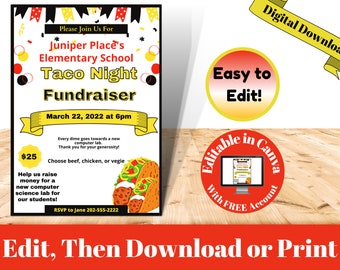 Fiesta Fundraiser Flyer, Template, Party, Taco Theme Poster, PTA Taco Fundraiser, Nacho Average Taco, Event, Edit in Canva,PTO Fundraiser