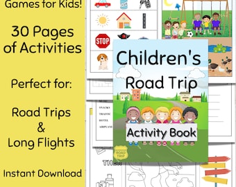 May include: A colorful activity book titled "Children's Road Trip Activity Book" with various games and activities for kids. The image includes text that says "15 Printable Games for Kids!" and "30 Pages of Activities".