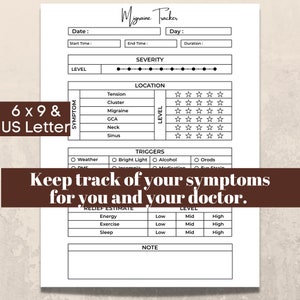 May include: A printable migraine tracker with sections for recording date, time, severity, location, triggers, and relief estimate. The tracker includes a symptom checklist with options for tension, cluster, migraine, GCA, neck, and sinus. The tracker also includes a note section.