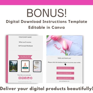 May include: A pink and white digital download instructions template for Etsy sellers. The template features a thank you note with pink flowers and a download button. The text says "Download your product here".