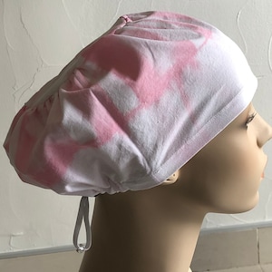 Hand dyed white/ light pink Shibori scrub cap surgical hat