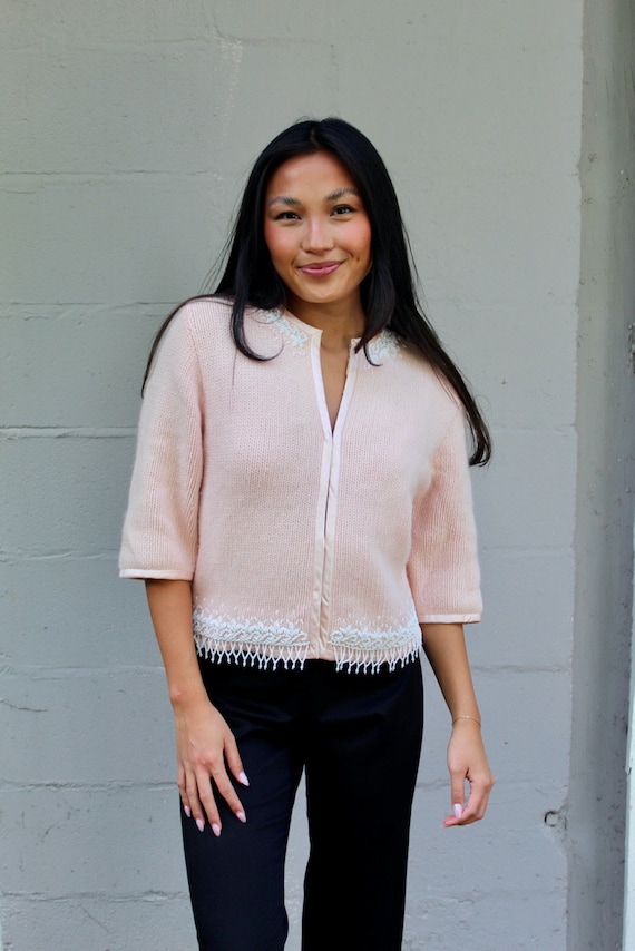 Vintage Pink Robinson's Sweater W/ Beaded Fringe