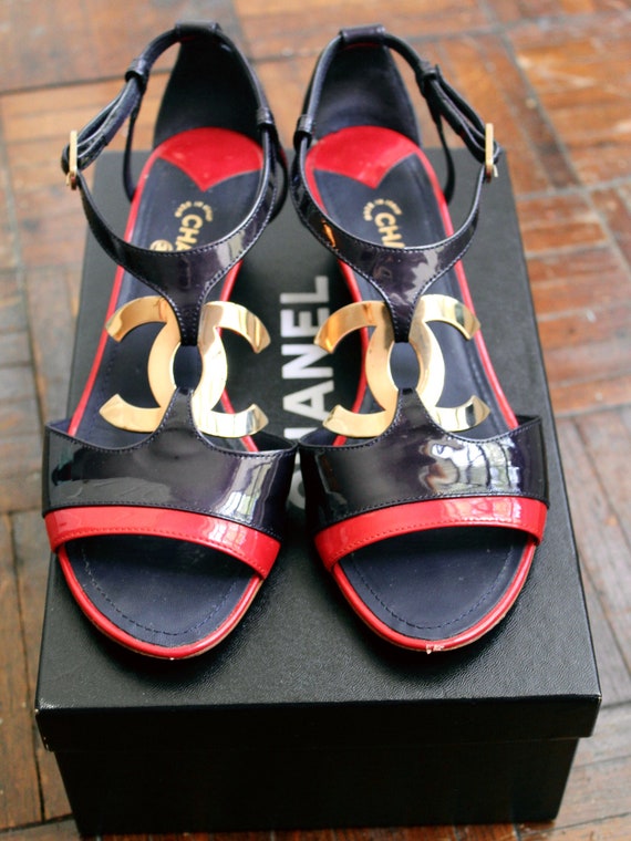 Chanel Navy and Red Wedge Sandals