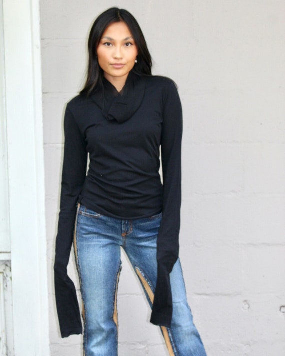 Velvet Black Tee W/ Ultra Long Sleeves and Cowl Neck