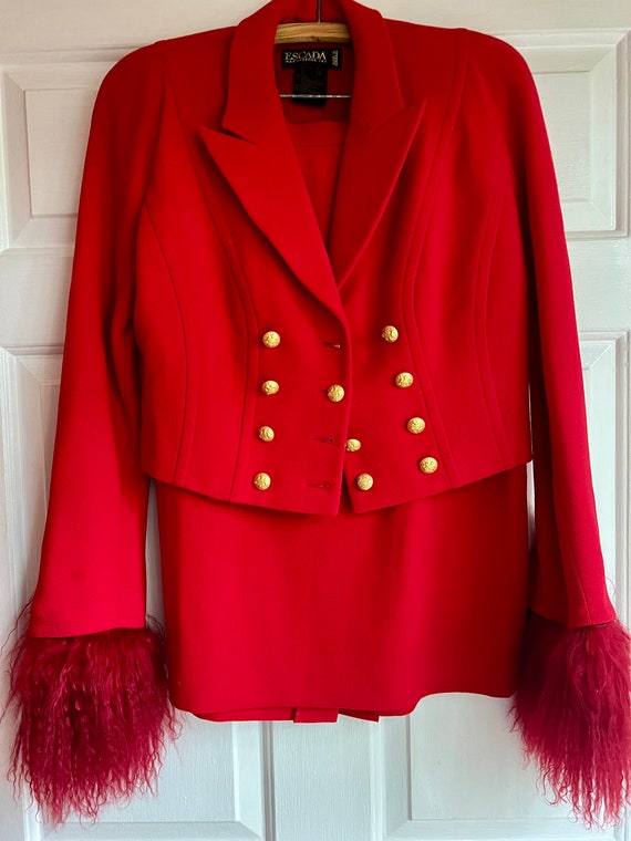 Vintage Escada Margaretha Ley Red Skirt Set W/ Lambs Fur