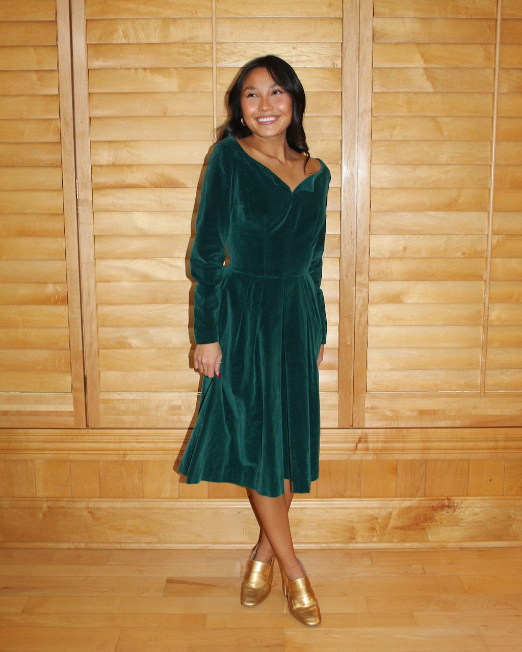 Green A-line Velvet Vintage Dress