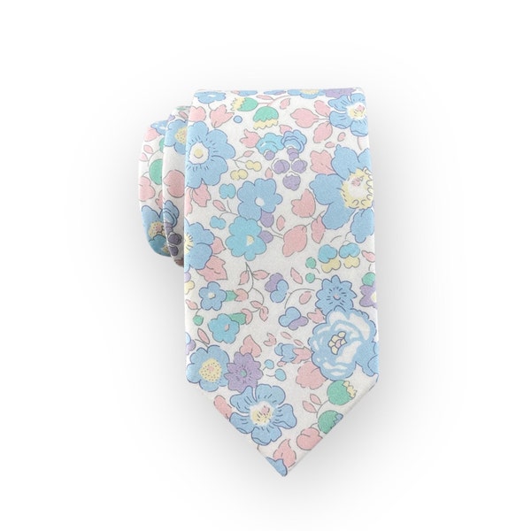 Men's White w/ Light Blue & Pink Whimical Floral Print Necktie Slim Width Wedding Party Style Groom Best Man Groomsman Gift Cotton Tie
