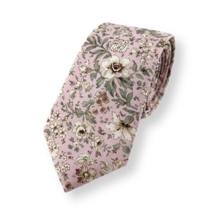 Men's Blush Pink w/ Cream Floral Print Necktie Slim/Narrow Width Wedding Party Style Groom Best Man Groomsman Gift Cotton Tie