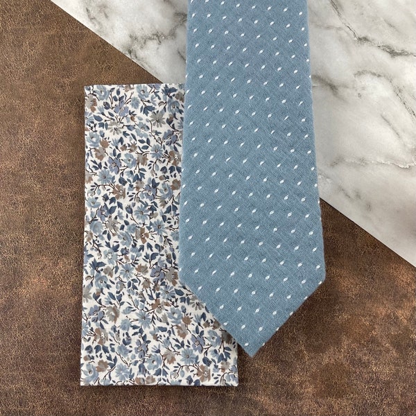 Men’s Dusty Blue Slim Necktie & Floral Pocket Square Set, Embroidered Dot Pattern Tie, Wedding Groom Best Man Groomsman Combination