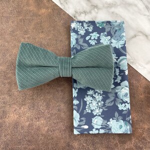 Conjunto de pajarita de terciopelo verde mar a rayas y pañuelo de bolsillo con estampado floral azul para hombre