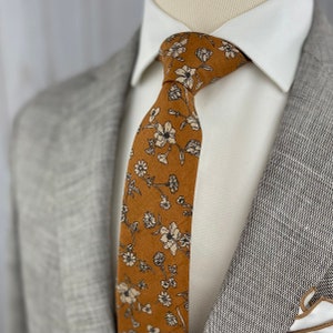 Men's Brown Ochre Floral Print Necktie Slim/Narrow Width Wedding Party Style Groom Best Man Groomsman Gift Cotton Tie image 3
