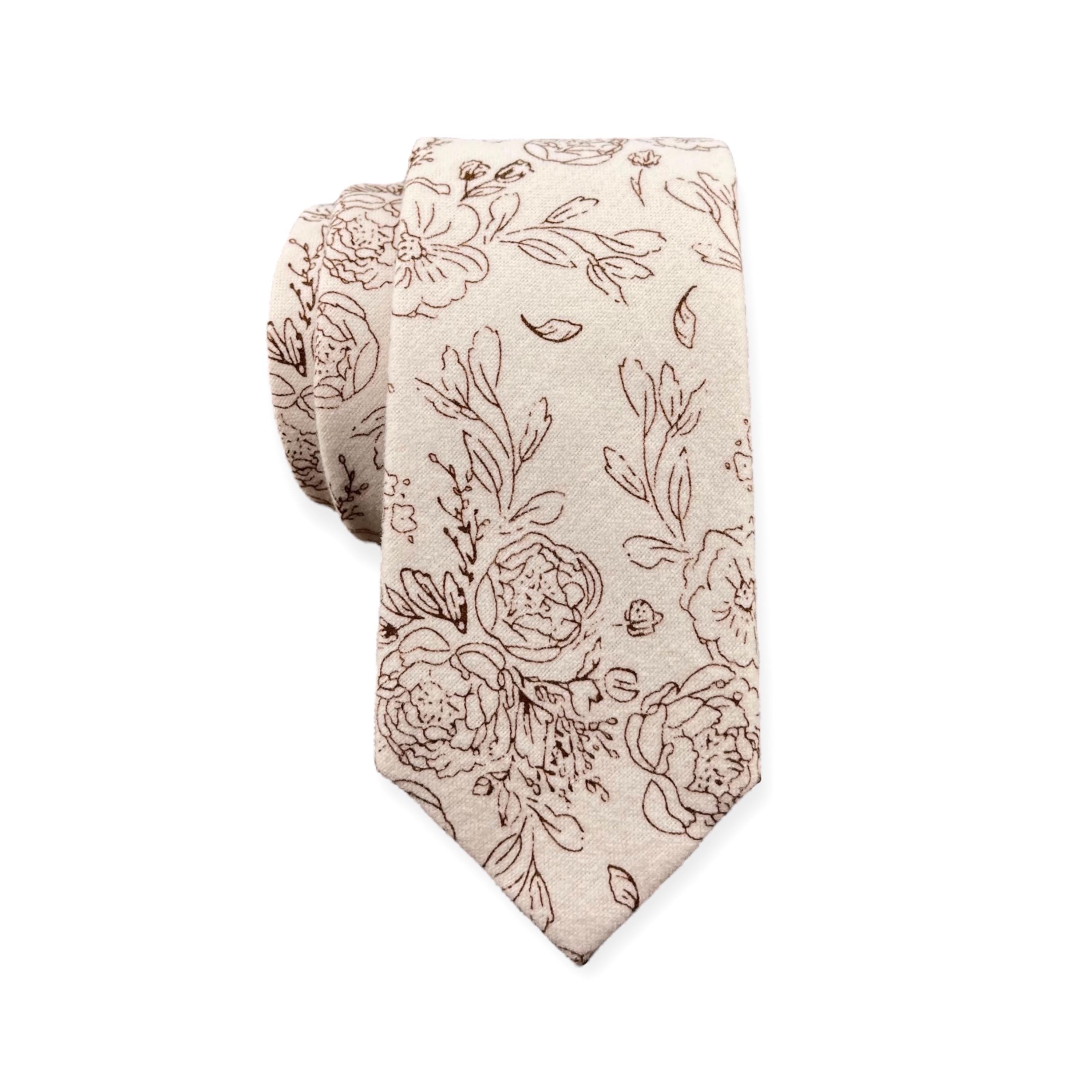 Men's Alabaster Off-White Ivory Floral Necktie Slim/Narrow Width Rustic Autumn Wedding Groom Best Man Groomsman Gift Brushed Cotton Tie