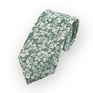 Corbata de algodón con estampado floral verde salvia brumosa para hombre, de ancho estrecho, para bodas, para novios, padrinos de boda, regalo de padrinos de boda
