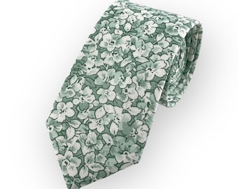 Men&#39;s Misty Sage Green Floral Print Necktie Slim/Narrow Width Wedding Party Style Groom Best Man Groomsman Gift Cotton Tie