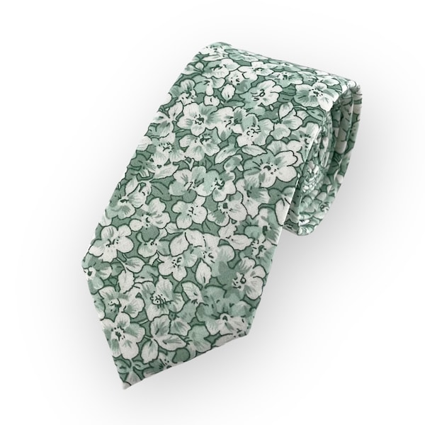 Cravate homme vert sauge brumeux à imprimé floral mince/étroit Style fête de mariage marié meilleur homme cadeau garçon d'honneur cravate en coton