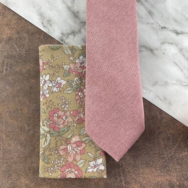 Men's Dusty Rose Velour Slim Necktie or Bow Tie with Coyote Tan Boho Style Floral Print Pocket Square Set