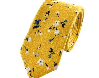 Men’s Mustard Yellow Retro Floral Print Necktie Slim/Narrow Width Wedding Party Style Groom Best Man Groomsman Gift Cotton Tie