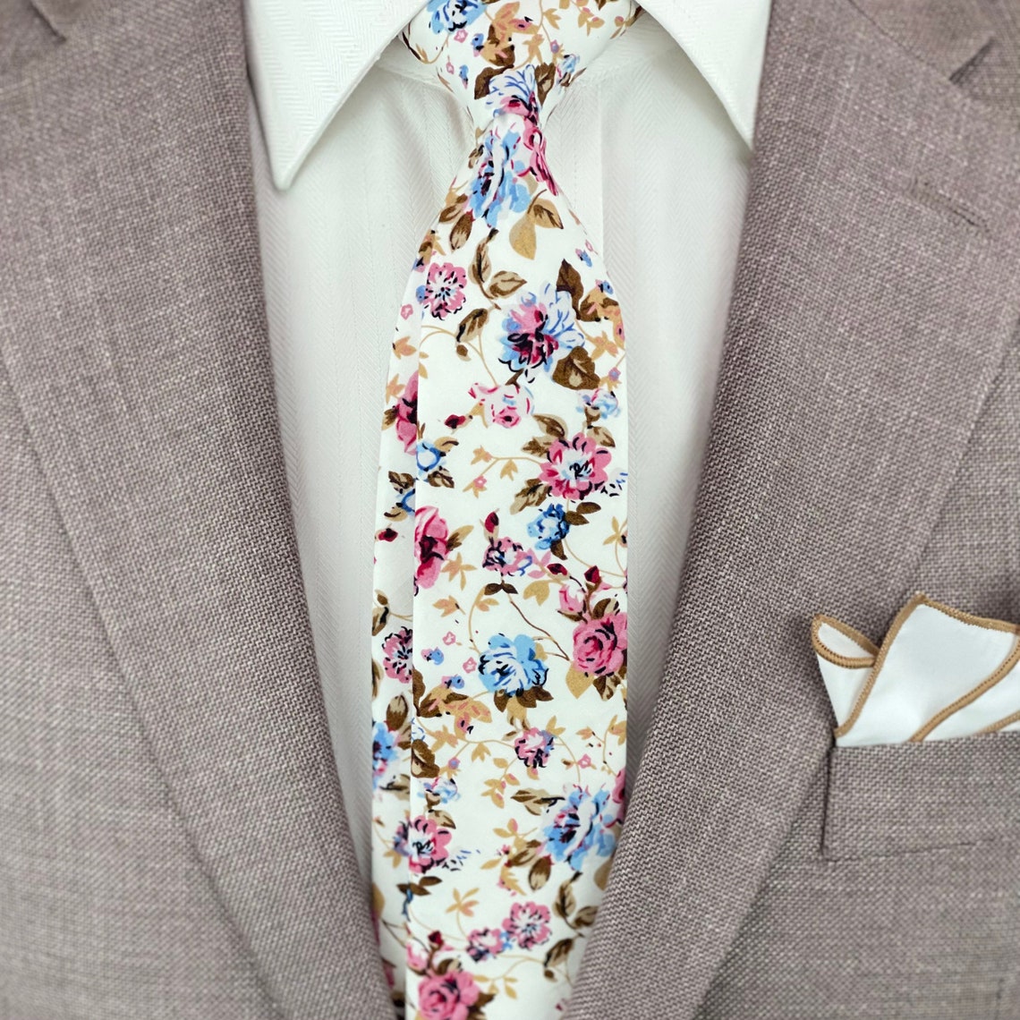 Men's White Floral Print Necktie Slim/narrow Width Etsy