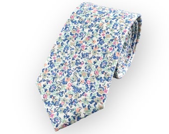 Men's White Ditsy Floral Print Necktie Slim/Narrow Width Garden Whimsical Coastal Wedding Party Groom Best Man Groomsman Gift Cotton Tie