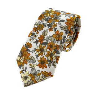 Men's White & Marigold Sunflower Retro Floral Print Necktie Slim/Narrow Width Wedding Party Style Groom Best Man Groomsman Gift Cotton Tie