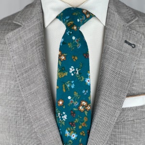 Men's Deep Blue Teal Floral Print Necktie Slim/Narrow Width Rustic Autumn Wedding Party Groom Best Man Groomsman Gift Brushed Cotton Tie image 2