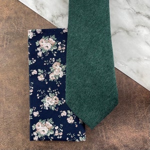 Men's Emerald Green Slim Velour Necktie or Bow Tie with Navy Rustic Style Floral Print Pocket Square Set