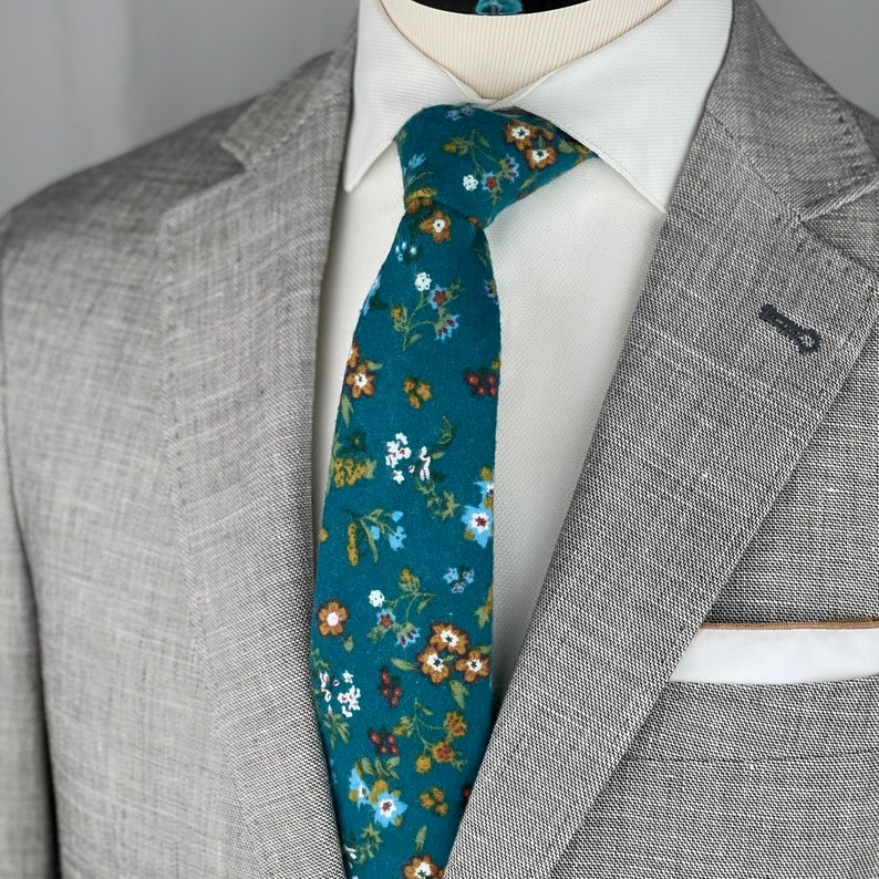 Men's Deep Blue Teal Floral Print Necktie Slim/Narrow Width Rustic Autumn Wedding Party Groom Best Man Groomsman Gift Brushed Cotton Tie image 3