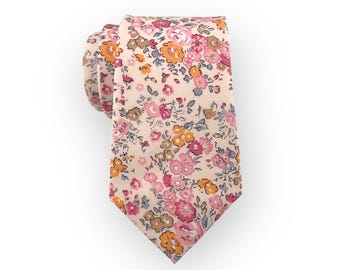 Men&#39;s Champagne Pink Ditsy Floral Print Necktie Slim/Narrow Width Whimsical Wedding Party Groom Best Man Groomsman Gift Cotton Tie