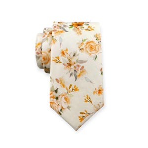 Men's Lemony Cream w/ Orange Floral Print Necktie Slim/Narrow Width Wedding Party Style Groom Best Man Groomsman Gift Cotton Tie