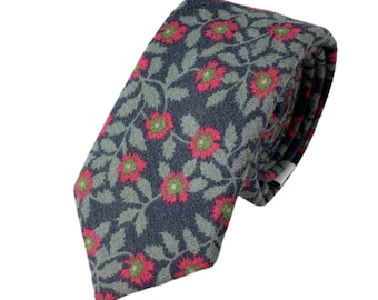 Men's Charcoal Blue w/ Red Floral Necktie Slim/Narrow Width Autumn Winter Boho Wedding Party Style Groom Best Man Groomsman Gift Cotton tie