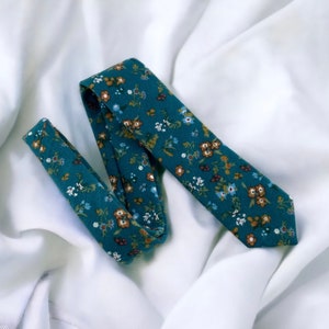 Men's Deep Blue Teal Floral Print Necktie Slim/Narrow Width Rustic Autumn Wedding Party Groom Best Man Groomsman Gift Brushed Cotton Tie image 7