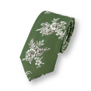 Men's Deep Sage Green Boho Floral Print Necktie Slim/Narrow Width Wedding Party Style Groom Best Man Groomsman Gift Cotton Tie