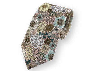 Men's Pink Taupe Retro Floral Print Necktie Slim/Narrow Width Wedding Party Style Groom Best Man Groomsman Gift Cotton Tie