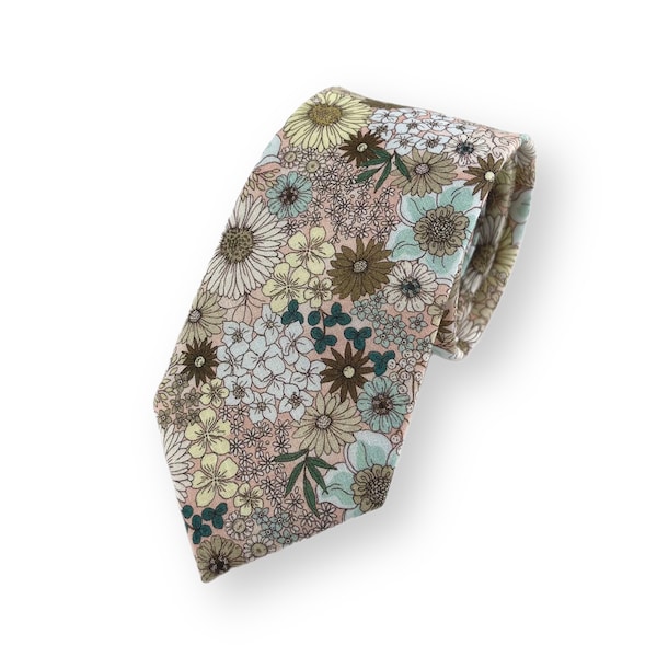 Men's Pink Taupe Retro Floral Print Necktie Slim/Narrow Width Wedding Party Style Groom Best Man Groomsman Gift Cotton Tie