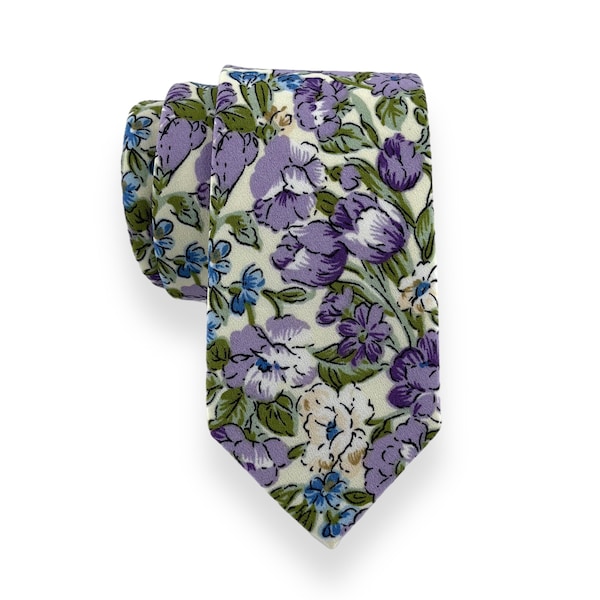 Men's Cream w/ Lavender Floral Print Necktie Slim/Narrow Width Wedding Party Style Groom Best Man Groomsman Gift Chiffon Tie
