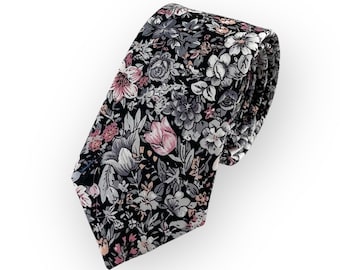 Men's Black w/ Grey Bohemian Style Floral Print Necktie Slim/Narrow Width Wedding Party Style Groom Best Man Groomsman Gift Cotton Tie