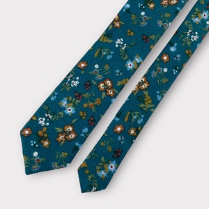 Men's Deep Blue Teal Floral Print Necktie Slim/Narrow Width Rustic Autumn Wedding Party Groom Best Man Groomsman Gift Brushed Cotton Tie image 8