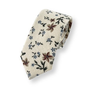 Men's Ecru & Taupe Floral Print Necktie Slim/Narrow Width Wedding Party Style Groom Best Man Groomsman Gift Cotton Flannel Tie