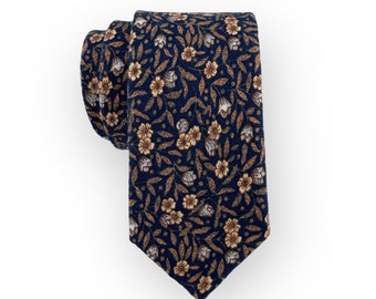 Men's Navy w/ Ochre Rustic Style Floral Print Necktie Slim/Narrow Width Rural Chic Garden Wedding Party Groom Best Man Groomsman Gift