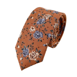 Men's Yam Orange & Blue Floral Print Necktie Slim/Narrow Width Wedding Party Style Groom Best Man Groomsman Gift Cotton Tie