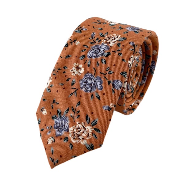 Men's Yam Orange & Blue Floral Print Necktie Slim/Narrow Width Wedding Party Style Groom Best Man Groomsman Gift Cotton Tie