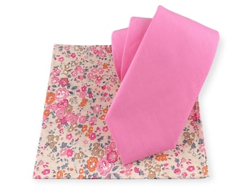 Men’s Bubble Gum Pink Necktie & Floral Pocket Square Set, Spring Summer Whimsical Wedding Reception Party Groom Style