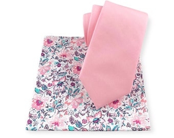 Men’s Cherry Blossom Pink Necktie & Floral Pocket Square Set, Spring Summer Romantic Elegant Wedding Reception Party Groom Best Man Style